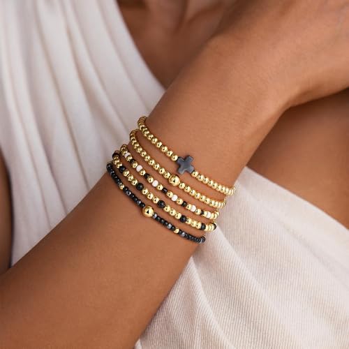 M MOOHAM Beaded Bracelets for Women Teen Girls, 14K Gold Bracelet Stack - color: Black Cross