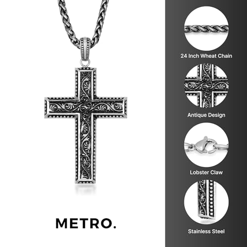 Metro Jewelry Antique Cross Pendant Necklace for Men in Stainless Steel 24 Inches Wheat Chain 3 mm Wide Lobster Claw
