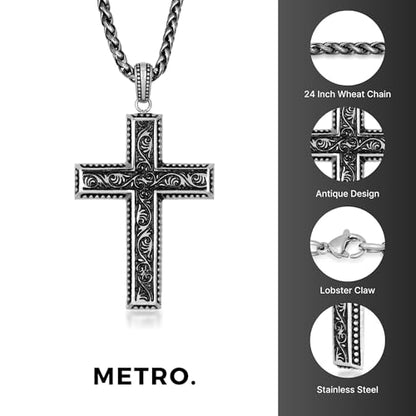 Metro Jewelry Antique Cross Pendant Necklace for Men in Stainless Steel 24 Inches Wheat Chain 3 mm Wide Lobster Claw