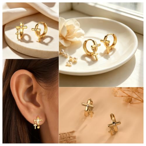 14K Gold Cross Huggie Earrings for Women Hoop Small Cross Earring - color: Tiny Gold Cross Hoop Earring
