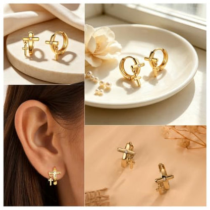 14K Gold Cross Huggie Earrings for Women Hoop Small Cross Earring - color: Tiny Gold Cross Hoop Earring