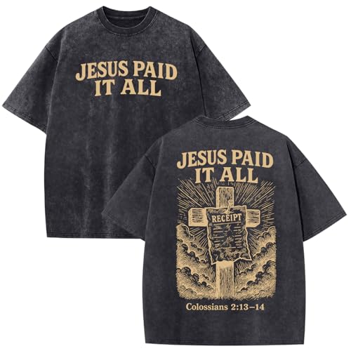 Christian Shirts for Men Religious Cross Bible Verse Jesus Faith Oversized T Shirt Graphic Vintage Acid Wash Tees - color: Black, size: Small