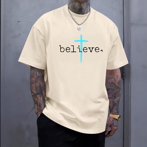 BeWithYou Christian Shirts for Men Vintage Faith Jesus God Tshirt Inspirational Cross Bible Verse Shirt Oversized Graphic Tee - color: Apricot, size: X-Large