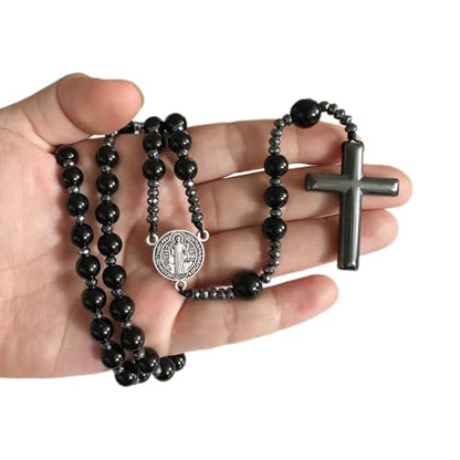 Bovemee Saint Benedict Medal Prayer Pocket Rosary Catholic Brown Wood Beads with Medalla de san benitol and Crucifix, 9 Inch - color: Nature stone Black