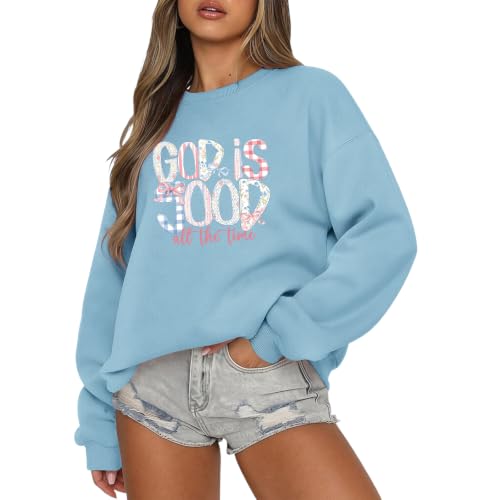 Christian God Is Good Sweatshirts for Women Jesus Bow Bible Verse Sweatshirt Faith Religious Graphic Hoodies - color: Sky Blue, size: X-Large
