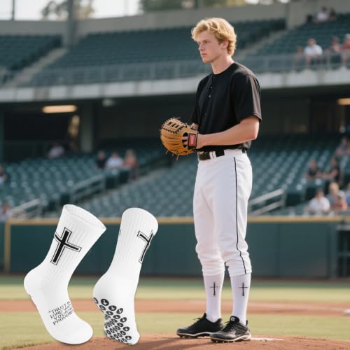 Christian Soccer Socks,Cross Grip Anti Slip Religious Football Socks with Rubber Dots for Youth and Men - color: White