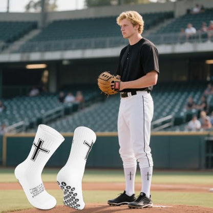 Christian Soccer Socks,Cross Grip Anti Slip Religious Football Socks with Rubber Dots for Youth and Men - color: White