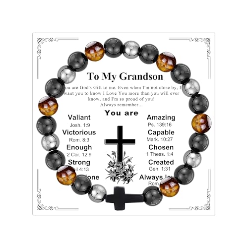 Gifts for Men Bracelets Triple Protection Cross Bracelet 8mm Black Obsidian Hematite Tiger Eye Beaded Natural Stone Bracelets Birthday Jewelry Gifts Cross Christian Gift for Him Husband Son - color: To My Grandson,Mix Style
