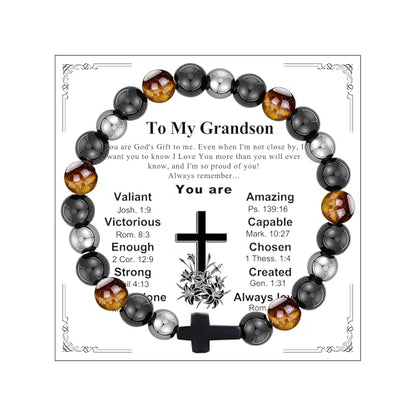Gifts for Men Bracelets Triple Protection Cross Bracelet 8mm Black Obsidian Hematite Tiger Eye Beaded Natural Stone Bracelets Birthday Jewelry Gifts Cross Christian Gift for Him Husband Son - color: To My Grandson,Mix Style