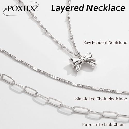Poxtex Layered Gold Necklaces for Women, Stackable Dainty 14K Gold Silver Plated Trendy Simple Heart Diamond Cross Bow Circle Pendant Paperclip Choker Dot Chain Necklace,Jewelry Set Gifts for Women - color: Silver, style: Bow1