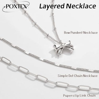 Poxtex Layered Gold Necklaces for Women, Stackable Dainty 14K Gold Silver Plated Trendy Simple Heart Diamond Cross Bow Circle Pendant Paperclip Choker Dot Chain Necklace,Jewelry Set Gifts for Women - color: Silver, style: Bow1