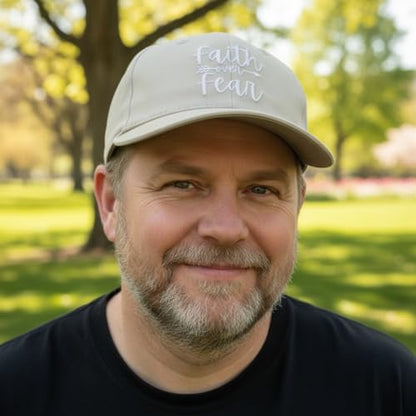 Faith Over Fear Christian Hats, Embroidered Baseball Caps for Adults - color: Tan White