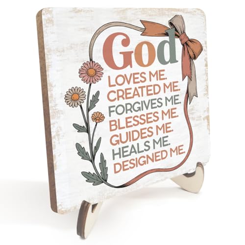 Christian Gifts Desk Decor Rustic Wood Sign, Boho Faith Religious Bible Verse Quotes Decorative Desk Accessories for Home Bathroom Decor Office Accessories Bohemian Floral Table Shelf Wooden Sign - color: GodLovesMe