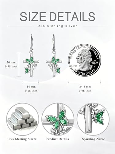 Butterfly Earrings for Women 925 Sterling Silver Birthstone Butterfly Cross Rose Dangle Earrings Elegant Butterfly's Jewelry Gift for Birthday Valentines Day Christmas - color: 5-May
