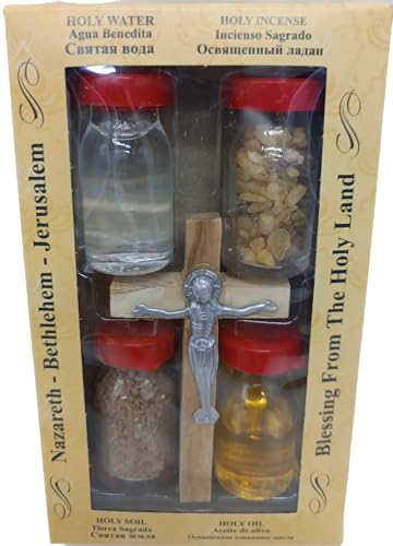 Zuluf Holy Land Set 5 in 1 Olive Wood Cross Set with 4 Bottles - Oil, Jordan Water, Holy Earth and Incense from Jerusalem | Catholic Orthodox Blessing Set from Israel | Religious Israel Gift HLG005