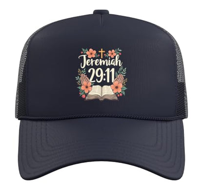 Jeremiah 29:11 Bible Verse Flowers Christian Faith Women Trucker Hat with Adjustable Mesh Back - color: Navy Blue