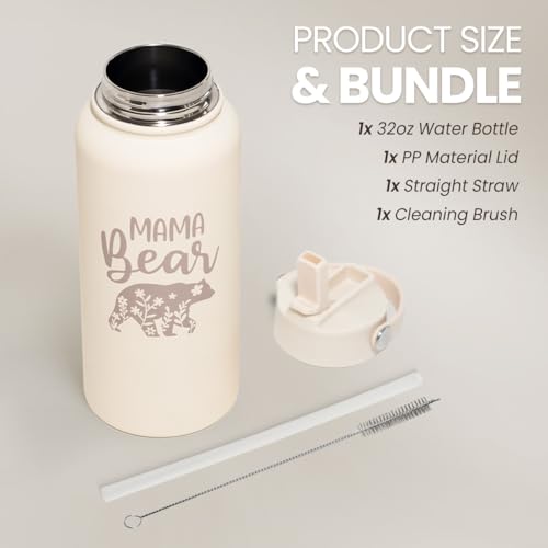 SANDJEST Mom Water Bottle, Mama Bear Bottles 32oz Stainless Steel Insulated with Lid, Mom Gifts from Daughter Son, Gifts for Mother's Day Christmas Birthday - color: Mom