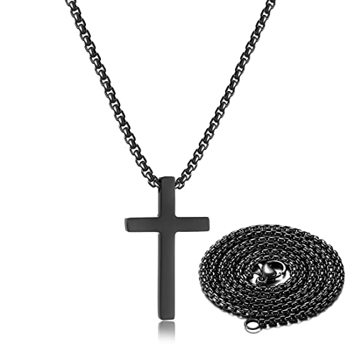 Stocking Stuffers for Teens Christmas New Year Gifts for Men Stainless Steel Cross Necklace for men Silver Cross Necklace for boy cross chain for mens Small Cross Pendant Necklace Simple Jewelry - color: Black:Cross Pendant 0.8'' * 1.3''