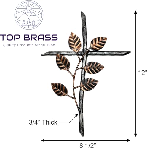 12” Metal Wall Mount Cross – Floral Olive Branch – Holy Celtic Garden Crucifix Silver & Copper Finish, Modern Rustic Jesus Art Décor