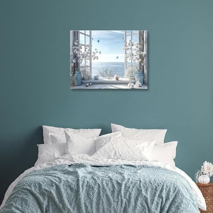 DAXINGJ Blue Coastal Butterfly Window Wall Art, Farmhouse Beach Framed - color: blue window, size: 16"L x 12"W