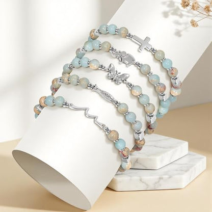 Natural Stone Stretch Bracelet for Women - Holy Water Elastic Cross Bracelet | Christmas Christian Baptism Gift, Meaningful Gifts, Unique Gift for Friends Mom Daughter Sister - style: cross-Sweet 16