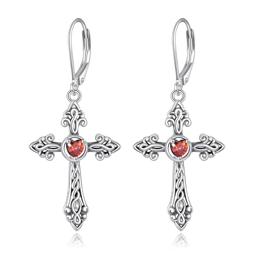 Cross Earrings 925 Sterling Silver Vintage Retro Cross Dangle Drop Leverback Earrings with Heart Birthstone Religion Jewelry Christians Gifts for Women - color: Red