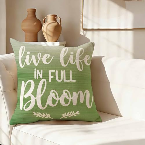 Motivational Floral Quote Throw Pillow Cover,Live Life in Full Bloom Green Decorative Pillow Case,Spring Garden Cotton Linen Cushion Case for Home Decor 18 * 18 Inch - color: Settype09