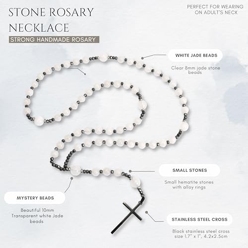 Nazareth Store Jasper Rosary Necklace – Catholic Handmade Rosary with Stone Beads, Hematite Spacers, and Black Alloy Cross – Durable Prayer Beads for Men and Women - color: White Jade