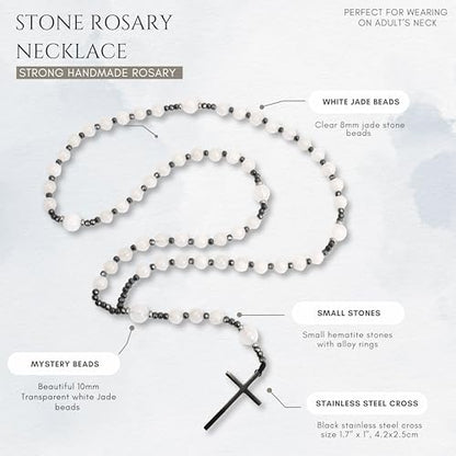 Nazareth Store Jasper Rosary Necklace – Catholic Handmade Rosary with Stone Beads, Hematite Spacers, and Black Alloy Cross – Durable Prayer Beads for Men and Women - color: White Jade