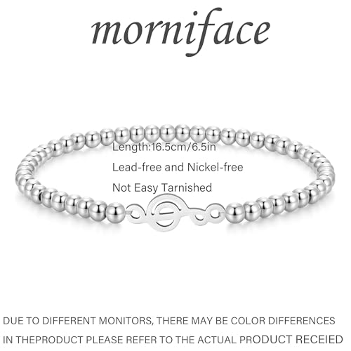 morniface Beaded Bracelet for Women, Handmade Stretch Bracelet with Charms, Dainty Stackable and Trendy Jewelry Gift - style: Silver Beaded-musical note
