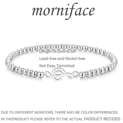 morniface Beaded Bracelet for Women, Handmade Stretch Bracelet with Charms, Dainty Stackable and Trendy Jewelry Gift - style: Silver Beaded-musical note