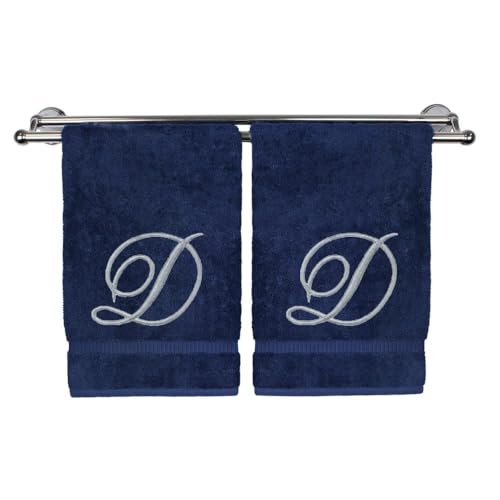 Pretty Monogrammed Navy Blue Turkish Cotton Bath Hand Towel Set of 2 with Embroidered Silver Script D | 16"x 30" Soft Terry Finish Extra Absorbent Quick Dry Luxury Bathroom Kitchen Spa Bath Towel