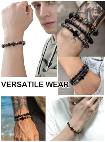 Gifts for Men Bracelets Triple Protection Cross Bracelet 8mm Black Obsidian Hematite Tiger Eye Beaded Natural Stone Bracelets Birthday Jewelry Gifts Cross Christian Gift for Him Husband Son - color: To My Grandson,Mix Style