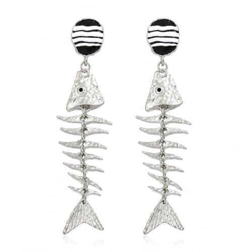 Creative Exaggerated Ocean Animal Drop Dangle Earrings for Women, Bohemia Style Alloy Lobster Octopus Fish Crab Earrings for Summer Beach Holiday Party Jewelry Gifts - style: Silver Fish Bone Earrings