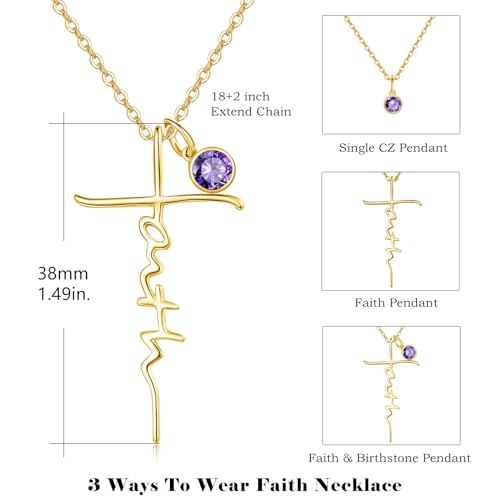 PRAYMOS Faith Cross Necklace for Women 925 Sterling Silver Pendant Necklace With Birthstone Initial Christian Religious Confirmation Baptism Mothers Day Gifts - color: 3-18K Gold Plated February(Amethyst)
