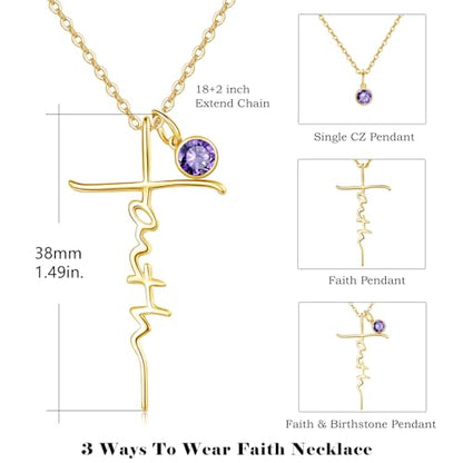 PRAYMOS Faith Cross Necklace for Women 925 Sterling Silver Pendant Necklace With Birthstone Initial Christian Religious Confirmation Baptism Mothers Day Gifts - color: 3-18K Gold Plated February(Amethyst)