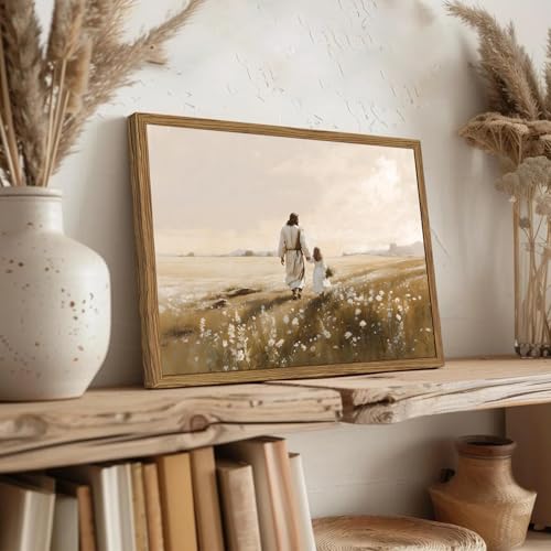 Jesus and Girl Walking in Wildflower Wall Art Jesus and Girls Walking the Path Decor Painting Christian Religious Poster Canvas Print Picture for Living Prayer Room Bedroom 12x16 inch Wood Framed - color: Jesus-G, size: 16"L x 12"W