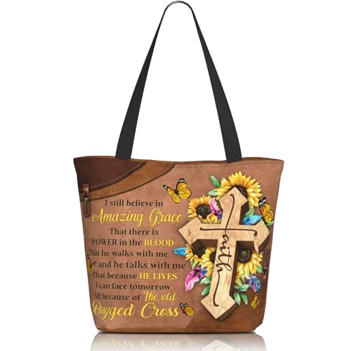 Bible Tote Bags for Women Christian Tote Bag Church Shoulder Bag Inspirational Bags With Zipper Christian Gift - color: I Still Believe in Amazing Grace