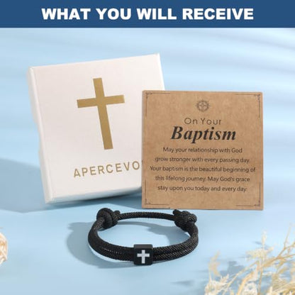 Cross Bracelet for Boys Baptism First Communion Confirmation - color: Black
