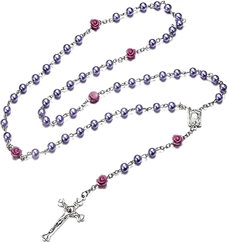 SZQCZB Rosary Beads Catholic Necklace Holy Soil Medal Cross Crucifix with Metal Box and 18pcs Prayer Cards - color: Purple