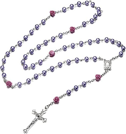 SZQCZB Rosary Beads Catholic Necklace Holy Soil Medal Cross Crucifix with Metal Box and 18pcs Prayer Cards - color: Purple
