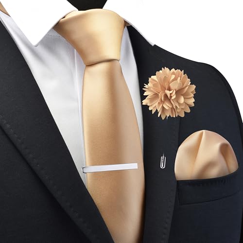 Branduce 3.15"（8cm） Mens Tie and Lapel Pin Solid Necktie Handkerchief Tie Clip Set for Men - color: Champagne Gold