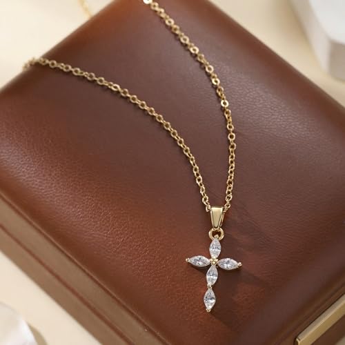 Cross Necklace for Women, Dainty 14K Gold Plated CZ Pendant - color: Gold-marquise cz cross