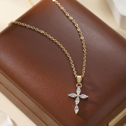 Cross Necklace for Women, Dainty 14K Gold Plated CZ Pendant - color: Gold-marquise cz cross