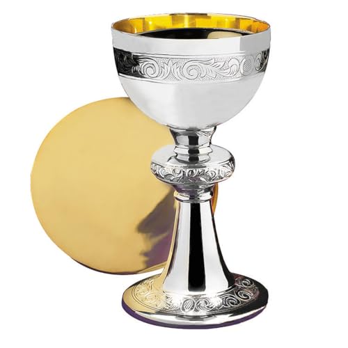 Gold Plated Brass Chalice & Paten, 10 Ounce, Nickel Plated Scrollwork - color: Nickel Plated Scrollwork