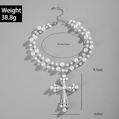 Pearl Cross Necklace Big Cross Pendants Necklaces for Women Chunky Pearl Necklace Gothic Cross Necklace Punk Vintage Cross Jewelry Women - style: Silver 05