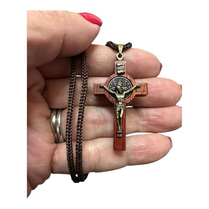 Catholica Shop Saint Benedict Medal Wood Crucifix Cord Necklace for Men & Women – Handcrafted Religious Pendant, Healing, Travel Protection, Perfect for Gifting on Special Occasions, Made in Brazil - style: Small Antique Gold