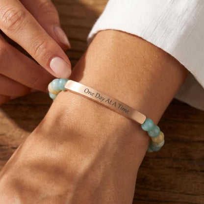 Inspirational Christian Bracelet for Women, 18K Gold Plated Bible Verse Jewelry with Amazonite Beads, Religious Faith Gift for Mom, Daughter, Sister, Friend - color: ONE DAY AT A TIME-Amazonite Rose Gold