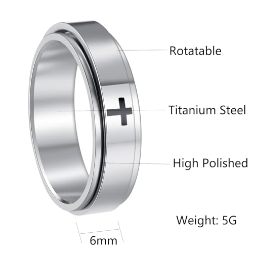 Mens Fidget Rings Anxiety Ring for Men 6mm 8mm Chain Spinner Ring Size 5-14 - color: Jet Silver