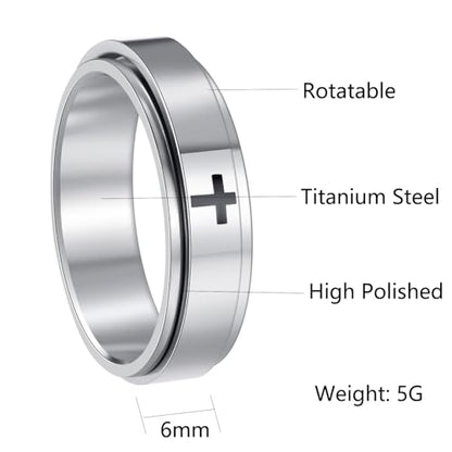 Mens Fidget Rings Anxiety Ring for Men 6mm 8mm Chain Spinner Ring Size 5-14 - color: Jet Silver